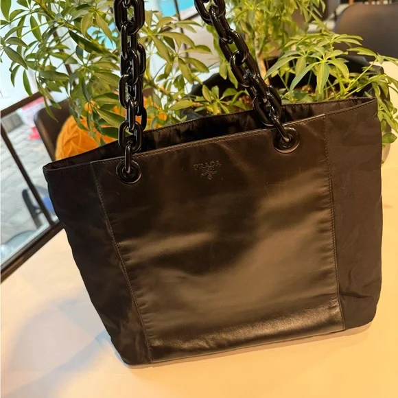 Prada Black Leather& Canvas Tote Bag - Picture 4 of 13
